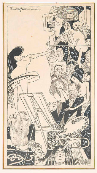 Caricature of Oskar Kokoschka, Gustav Klimt, and Karl Kraus, after Klimt's painting "Medicine"